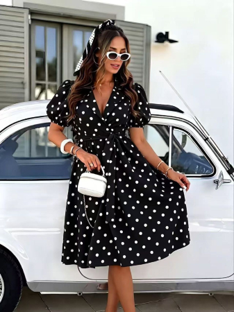 NOUTĂȚI - Rochie midi retro cu buline – Negru