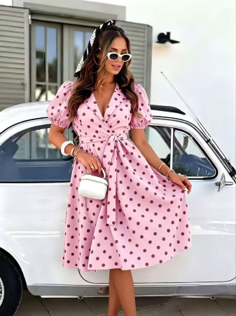 NOUTĂȚI - Rochie midi retro cu buline – Roz