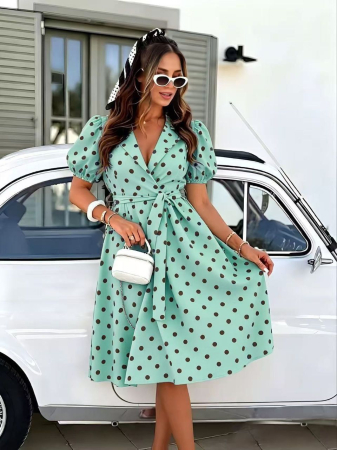 NOUTĂȚI - Rochie midi retro cu buline – Verde Menta