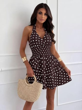 Rochii și Fuste - Rochie Mini Maro cu Buline Albe Summer Dots