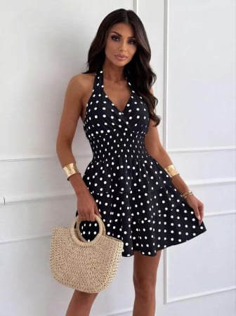 NOUTĂȚI - Rochie Mini Neagră cu Buline Albe Summer Dots