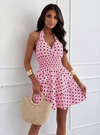 Rochii și Fuste - Rochie Mini Roz cu Buline Negre Summer Dots
