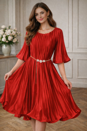 Rochii si Fuste - Rochie Plisată Roșie + Curea CADOU