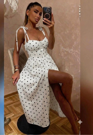 ÎMBRĂCĂMINTE - Rochie Positano Midi cu Buline și Bretele Reglabile - Alb