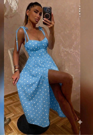Rochie Positano Midi cu Buline și Bretele Reglabile - Bleu [1]