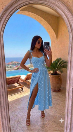 ÎMBRĂCĂMINTE - Rochie Positano Midi cu Buline și Bretele Reglabile - Bleu