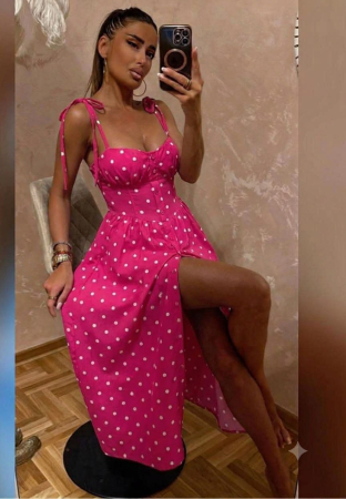 ÎMBRĂCĂMINTE - Rochie Positano Midi cu Buline și Bretele Reglabile - Roz Fuchsia