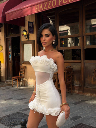 NOUTĂȚI - Rochie scurtă elegantă cu volane ELLIE - Alb
