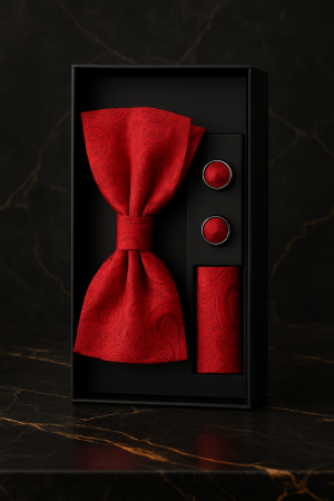 Accesorii Barbati - Set Bărbătesc Papion + Butoni + Batistă – Red Royale