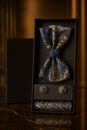 Accesorii Barbati - Set Bărbătesc Papion + Butoni + Batistă – Royal Navy Gold