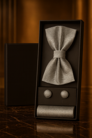 Accesorii Barbati - Set Bărbătesc Papion + Butoni + Batistă – Silver Executive