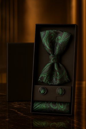 Accesorii Barbati - Set Bărbătesc Papion + Butoni + Batistă –  Verde Imperialis