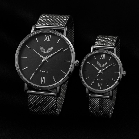 Accesorii si Bijuterii - Set Ceasuri Premium pentru Cuplu – Black Dial & Silver Mesh