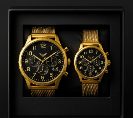 Accesorii si Bijuterii - Set Ceasuri Premium pentru Cuplu – Black & Gold Mesh Edition