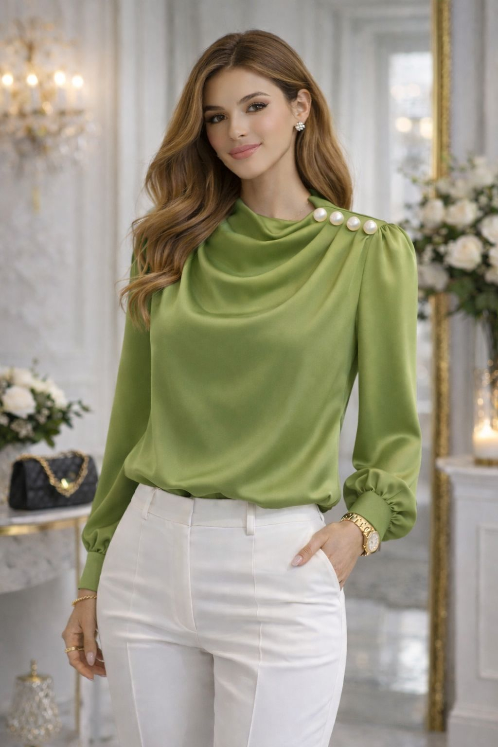 Bluză Hellen cu nasturi perlați decorativi L, Verde Deschis