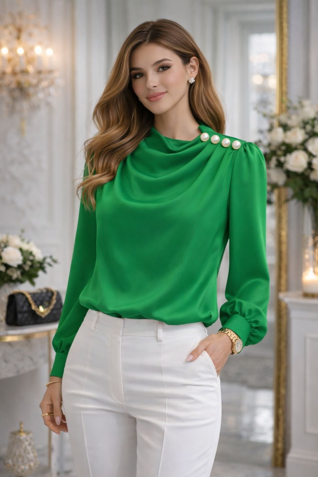 Bluză Hellen cu nasturi perlați decorativi XS, Verde