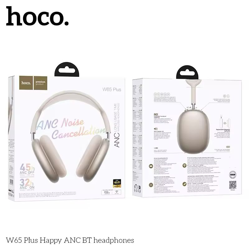 happy color pix Casti Wireless, PLUS Happy ANC BT HOCO W65, Noise Cancellation, Over Ear, Bluetooth Bej