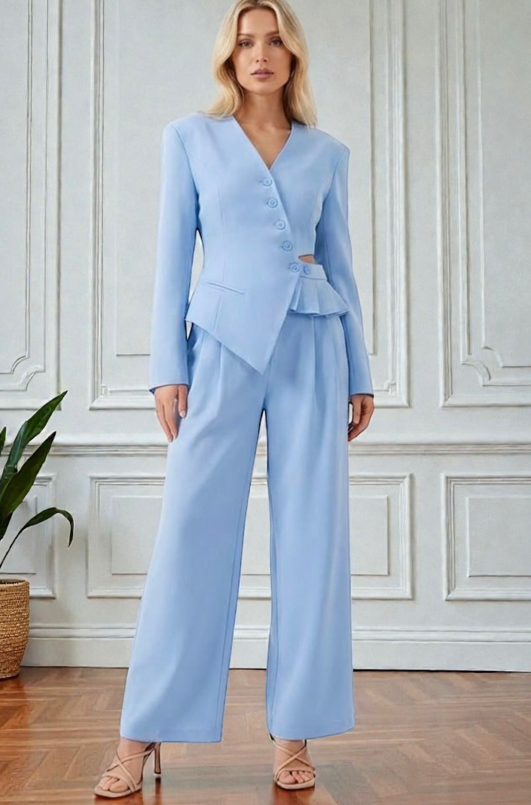 pantaloni evazati dama Compleu elegant cu sacou asimetric si pantaloni evazati - Ivory Power Set XL, Bleu