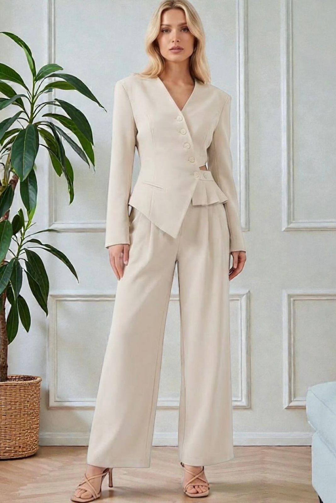 pantaloni evazati dama Compleu elegant cu sacou asimetric si pantaloni evazati - Ivory Power Set XL, Bej