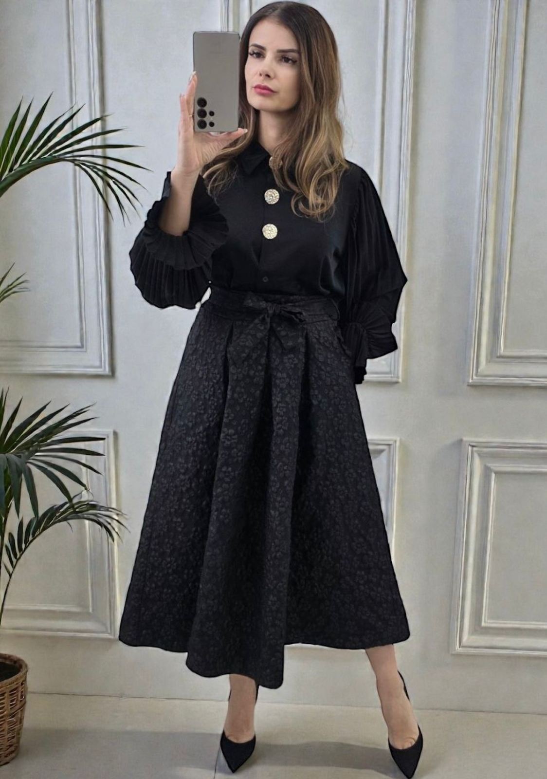 rochii dama midi Fusta midi eleganta din dantela cu cordon in talie - Lace Grace Skirt XL, Negru