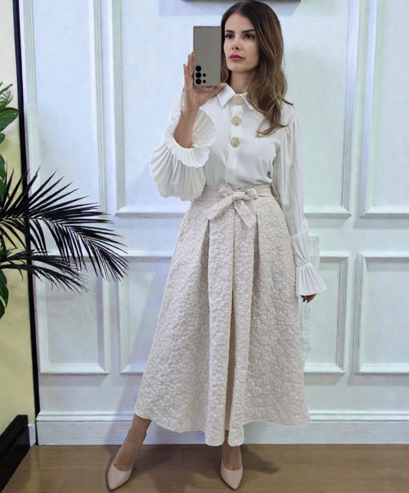 rochii dama midi Fusta midi eleganta din dantela cu cordon in talie - Lace Grace Skirt XL, Bej