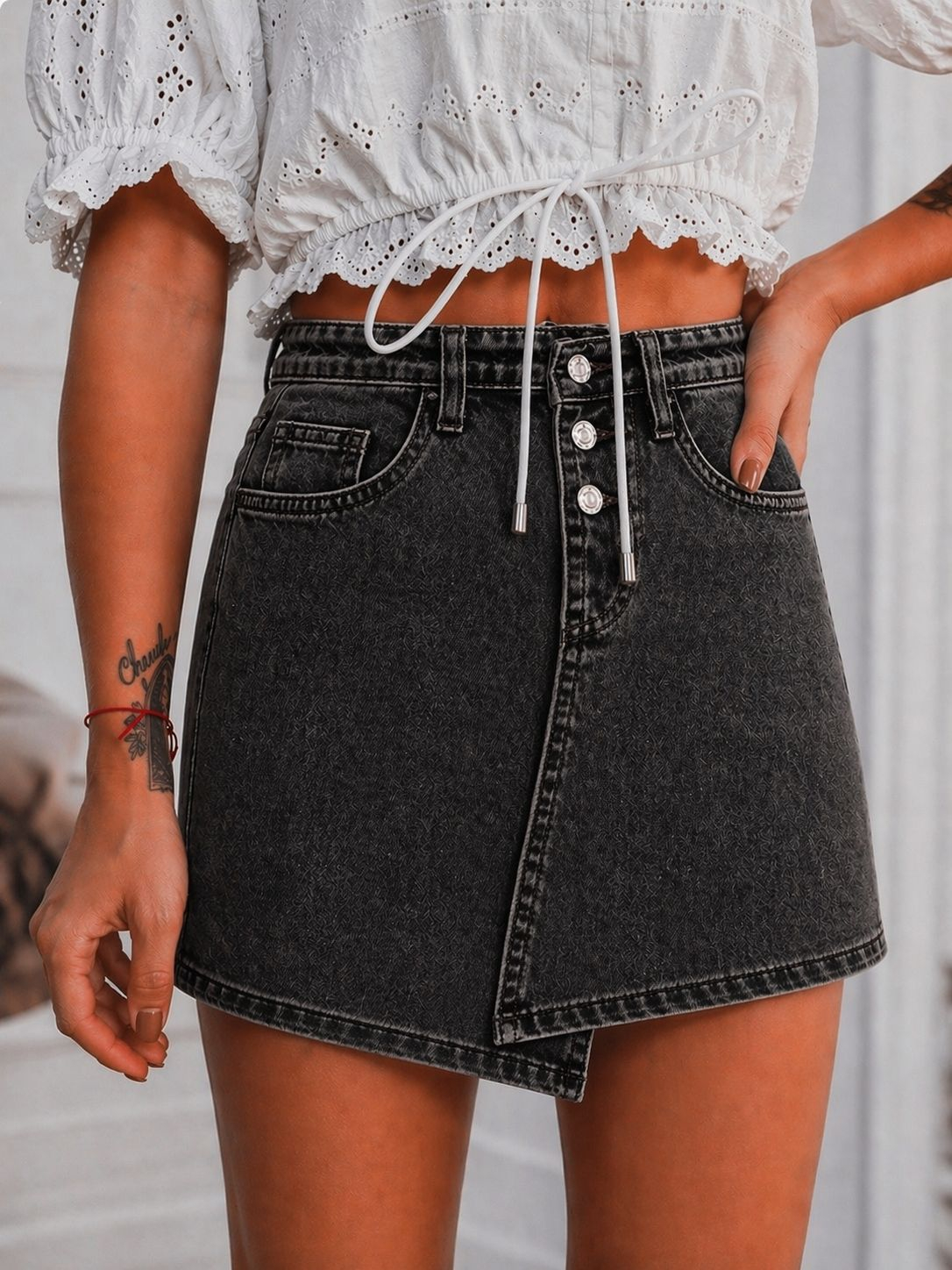 AndraRose Styles Fusta Mini Denim Asimetrica - Sherry XL, Negru