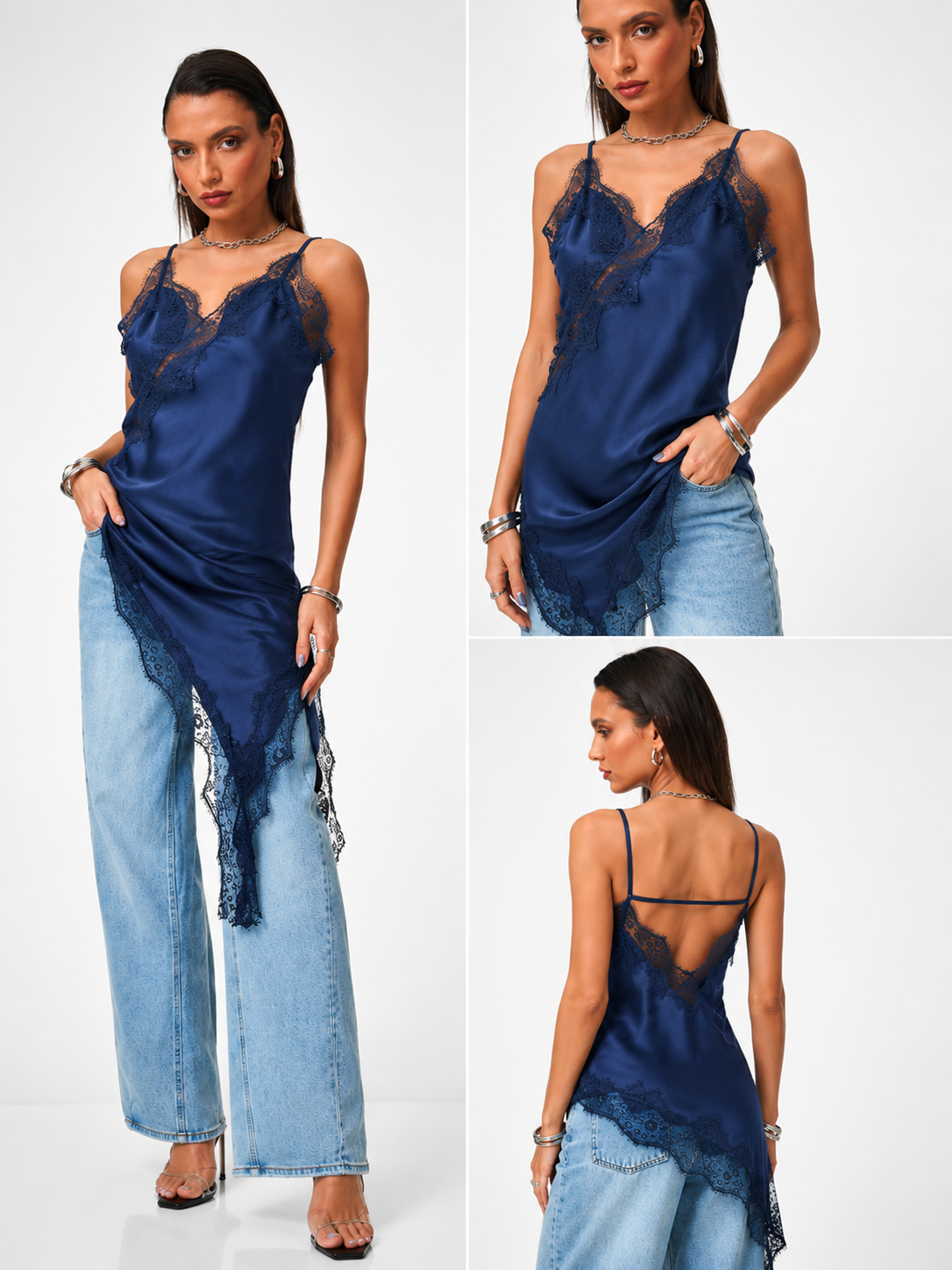 rochii elegante lungi cu dantela Maiou satin asimetric cu dantela - Velvet Touch XL, Bleumarin