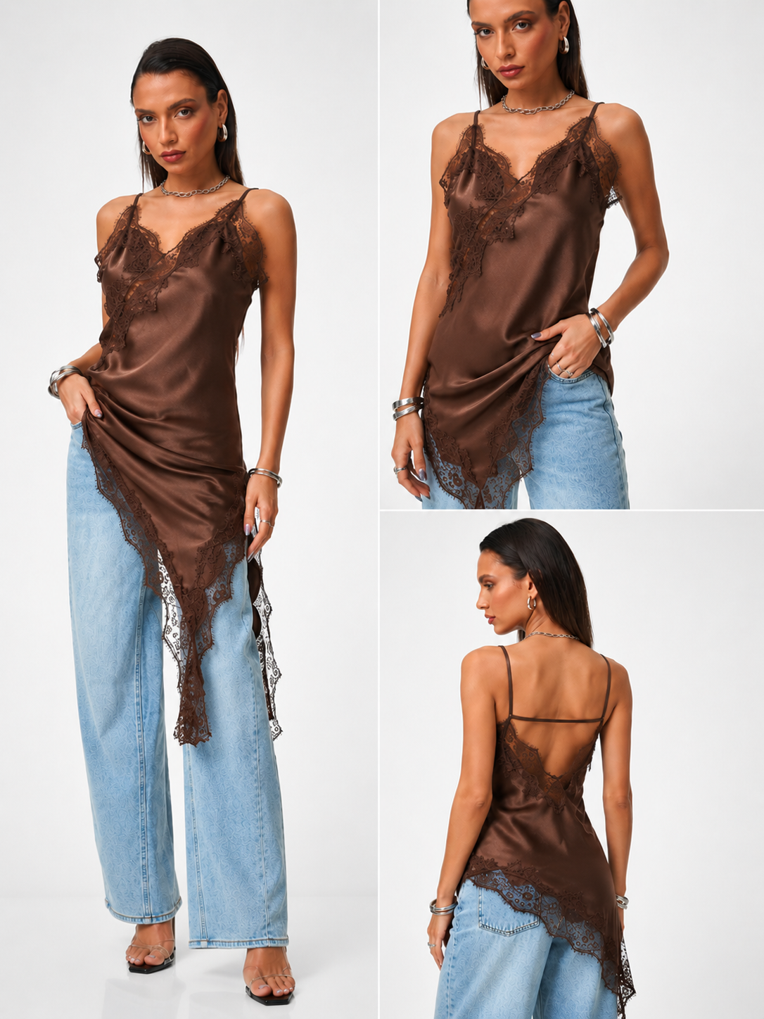 rochii elegante lungi cu dantela Maiou satin asimetric cu dantela - Velvet Touch XL, Maro