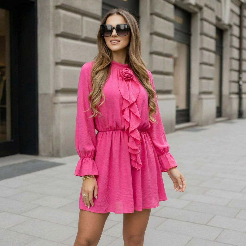 rochie roz scurta eleganta Rochie eleganta cu volan decorativ - Grace XL, Roz Fuchsia