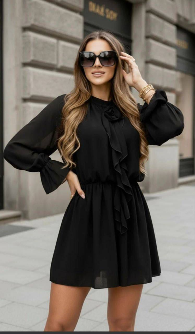 rochie roz scurta eleganta Rochie eleganta cu volan decorativ - Grace XL, Negru