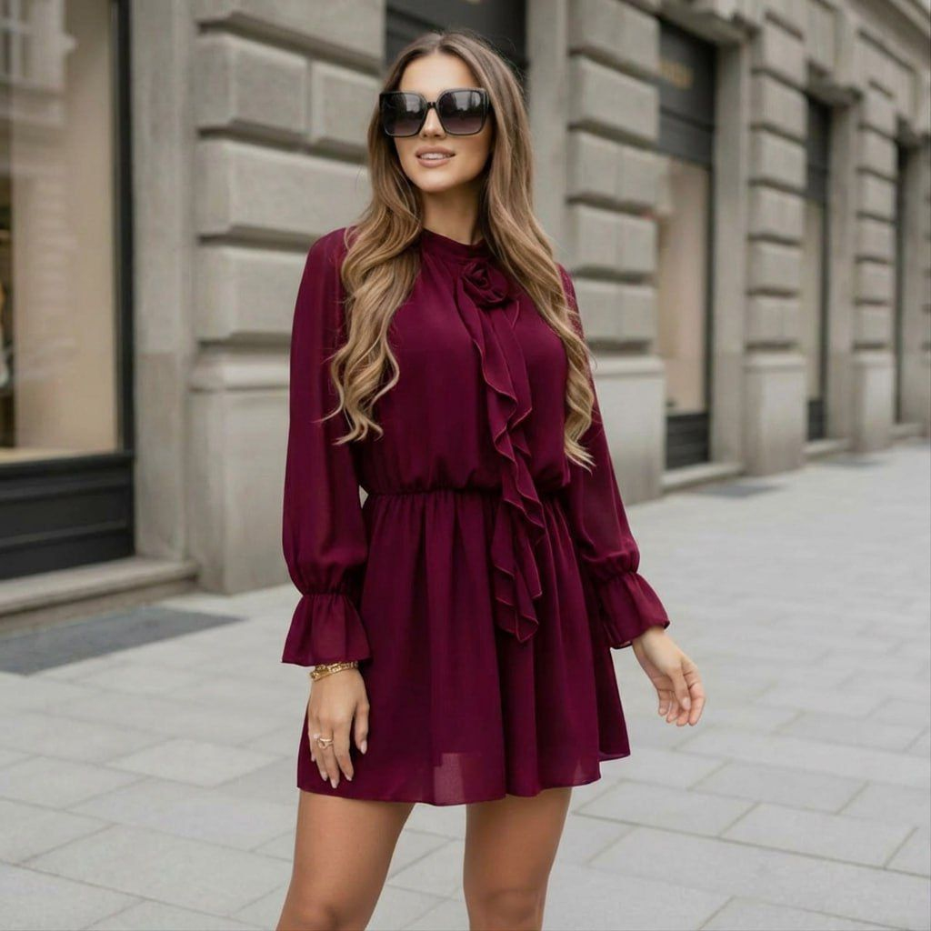 rochie roz scurta eleganta Rochie eleganta cu volan decorativ - Grace XL, Rosu inchis