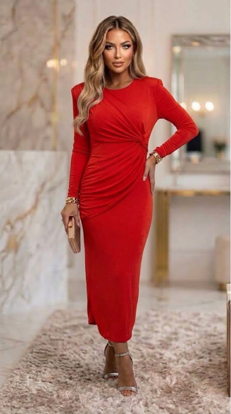 Rochie midi elegantă Daria, roșie, cu drapaj lateral și mâneci lungi XL, Rosu