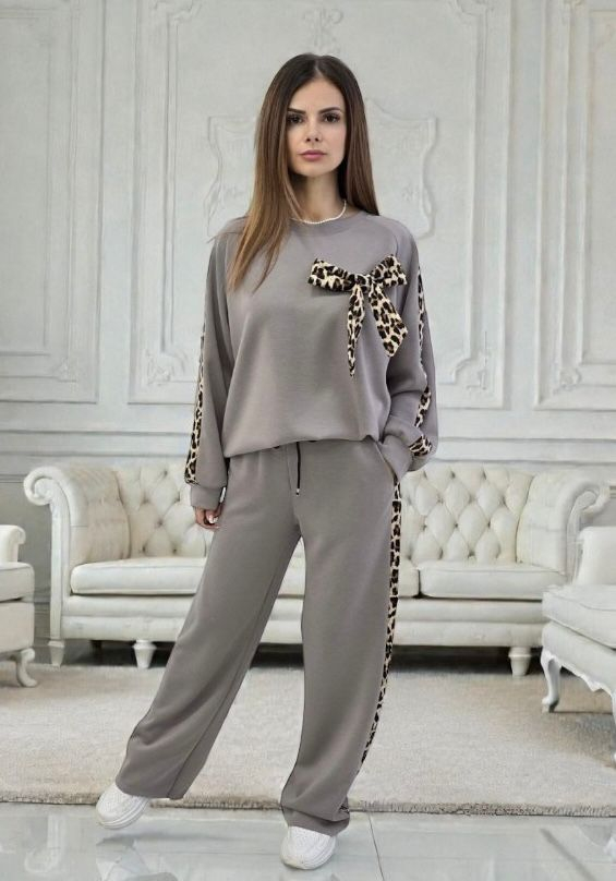 Trening elegant cu fundă și inserții animal print - Sky Leopard Set XS, Bej