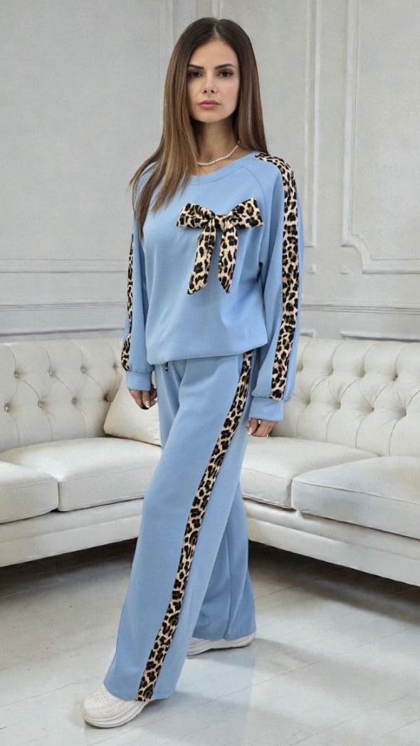 Trening elegant cu fundă și inserții animal print - Sky Leopard Set XL, Bleu