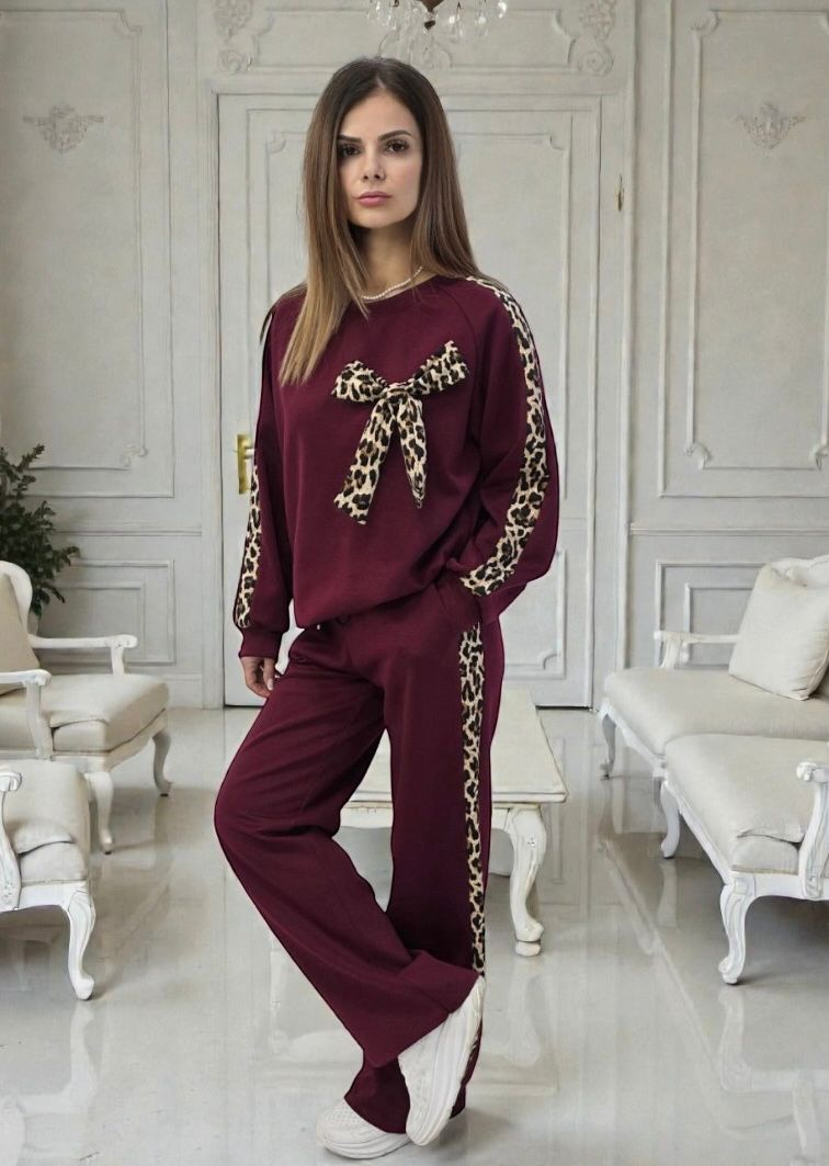 Trening elegant cu fundă și inserții animal print - Sky Leopard Set XL, Rosu