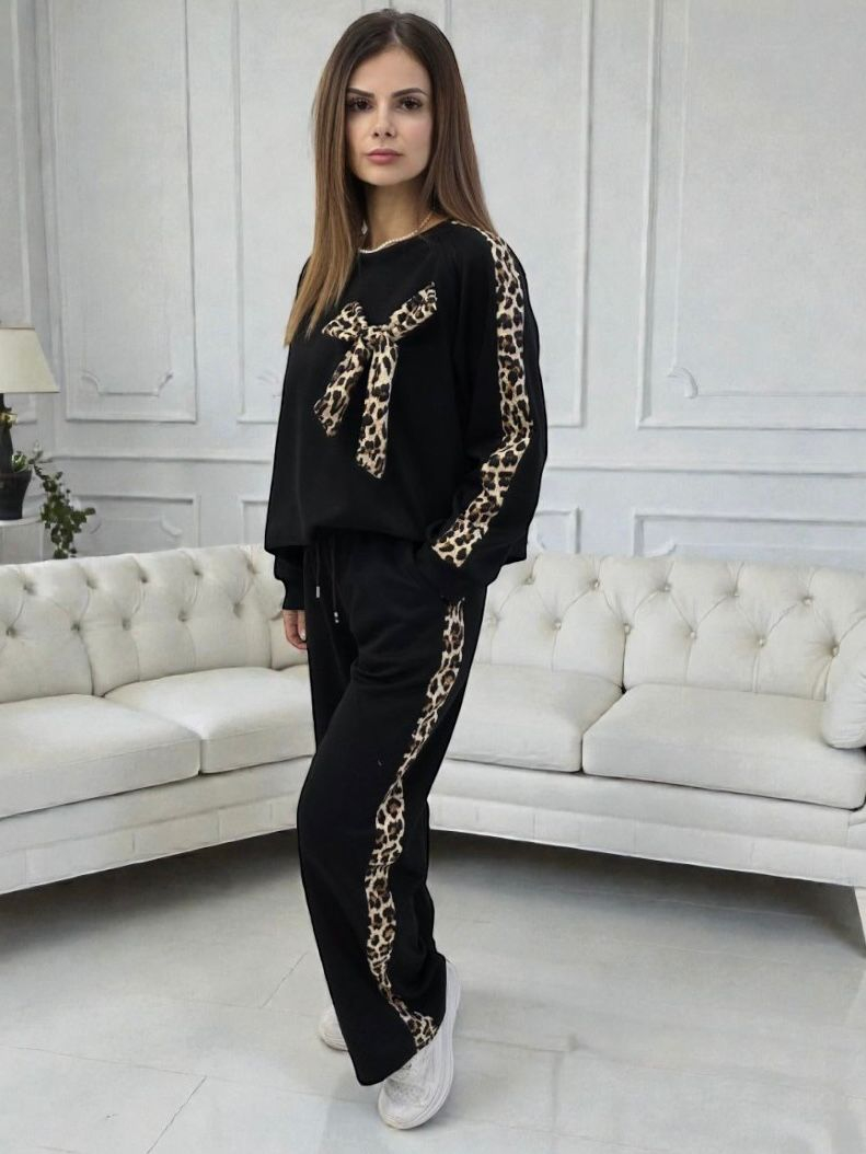 Trening elegant cu fundă și inserții animal print - Sky Leopard Set M, Negru