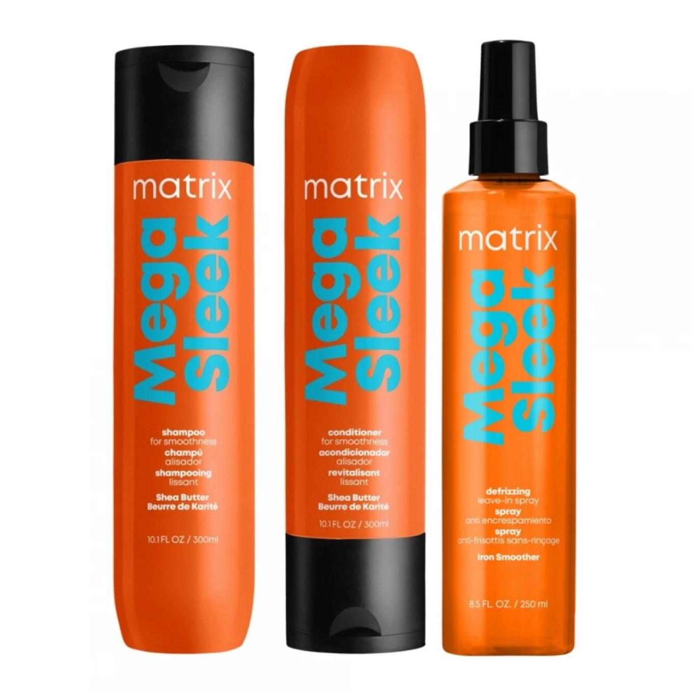 Leave-In - Pachet Matrix Mega Sleek pentru netezire/protectie termica, sampon 300ml+balsam 300ml+protectie termica 250ml