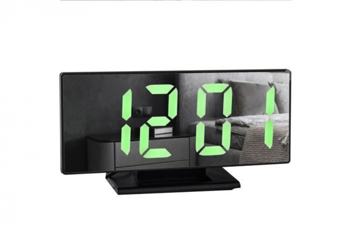 Ceas desteptator multifunctional, Iso Trade, Plastic, Functie de termometru/snooze, Aspect de oglinda, 19x10 cm, Negru [2]