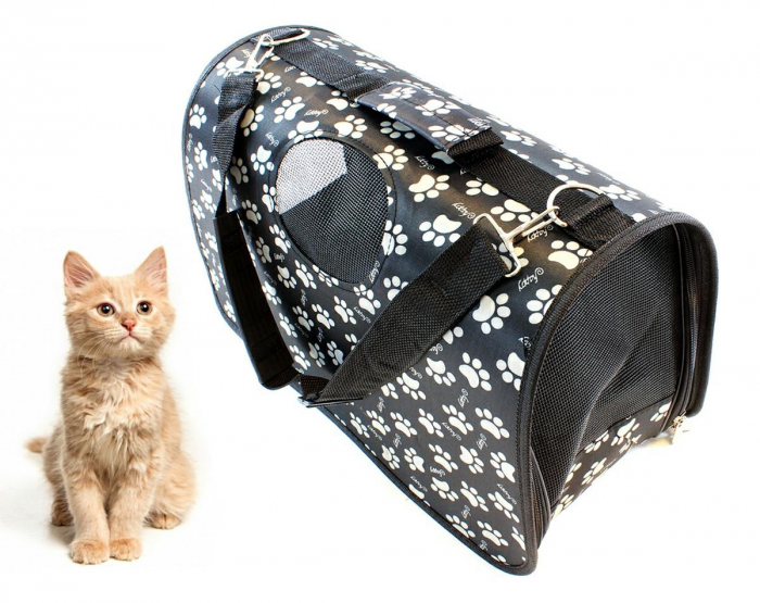 Geanta transport caini sau pisici 45x20x27 cm, pliabila, negru cu imprimeu labute bej [2]
