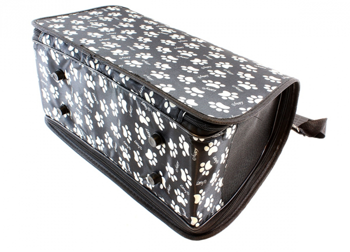 Geanta transport caini sau pisici 45x20x27 cm, pliabila, negru cu imprimeu labute bej [4]