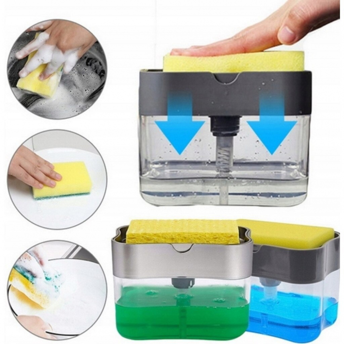 Set Dozator/Dispenser Detergent Lichid de Vase 2 in 1, Burete si Suport Inclus, Rezervor 385ml, Culoare Gri [2]