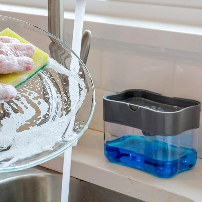 Set Dozator/Dispenser Detergent Lichid de Vase 2 in 1, Burete si Suport Inclus, Rezervor 385ml, Culoare Gri [3]