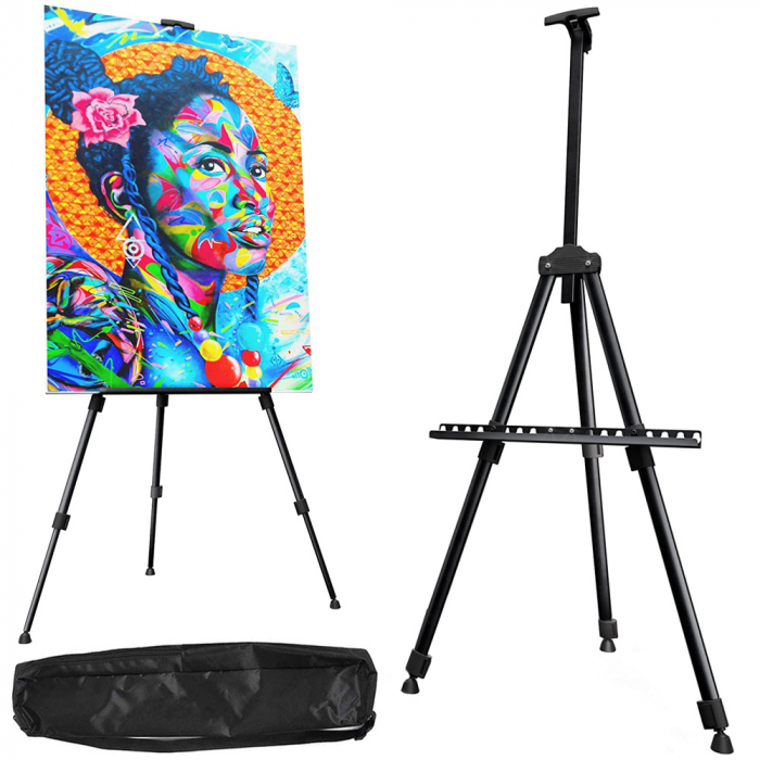 Sevalet de pictura din aluminiu, Reglabil 50 x 160 cm, Picioare auto-nivelante, Husa depozitare inclusa, Negru [3]