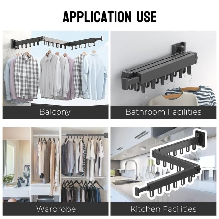 Suport de haine retractabil Ruhhy, 127 cm, aluminiu, montat pe perete, uscator de rufe cu suport pentru umerase, pentru balcon, baie, dormitor, negru [3]