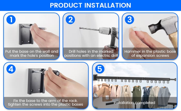 Suport de haine retractabil Ruhhy, 127 cm, aluminiu, montat pe perete, uscator de rufe cu suport pentru umerase, pentru balcon, baie, dormitor, negru [5]