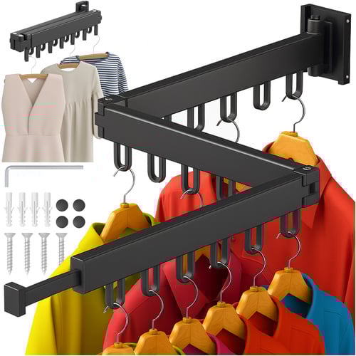 Suport de haine retractabil Ruhhy, 127 cm, aluminiu, montat pe perete, uscator de rufe cu suport pentru umerase, pentru balcon, baie, dormitor, negru [7]