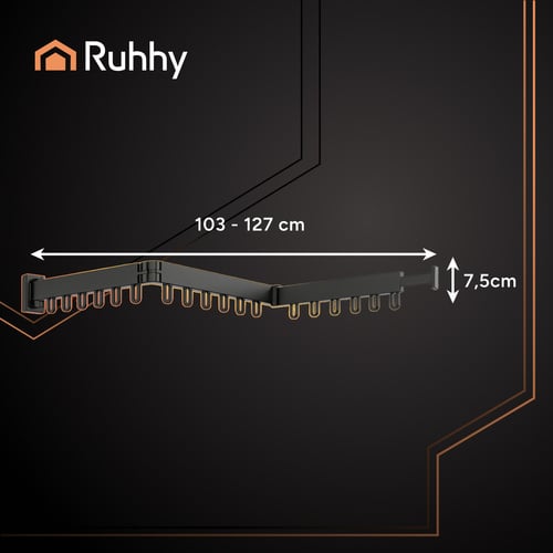 Suport de haine retractabil Ruhhy, 127 cm, aluminiu, montat pe perete, uscator de rufe cu suport pentru umerase, pentru balcon, baie, dormitor, negru [8]
