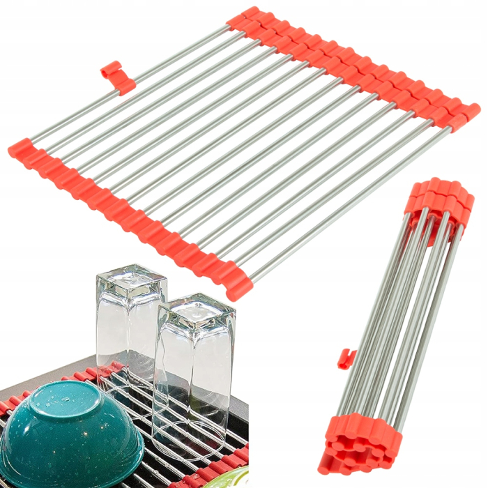 Suport multifunctional pliabil, scurgator vase usor de curatat si depozitat, finisaj inox si silicon de culoare rosu, 53.5cm x 28.5cm [3]
