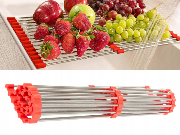 Suport multifunctional pliabil, scurgator vase usor de curatat si depozitat, finisaj inox si silicon de culoare rosu, 53.5cm x 28.5cm [4]