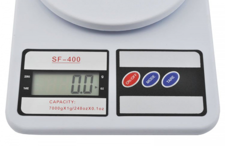 Cantar de bucatarie afisaj LCD 0.6 inch functie Tara capacitate maxima 7 kg indicator baterie descarcata alb